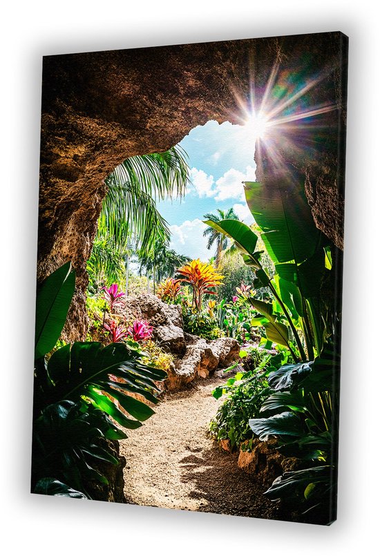 Tropisch paradijs door rotsopening - Natuur schilderij op canvas - Canvas schilderijen tuin - Realisme - Binnenhuisdecoratie - Wanddecoratie - Canvas 60x90 cm