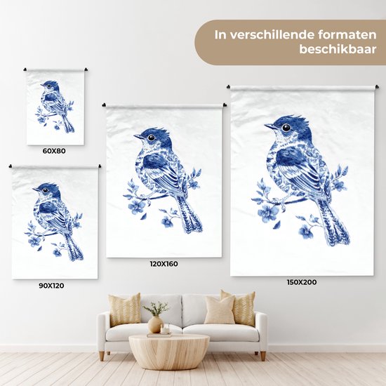 Wandkleed 90x120 cm - Wanddoek Vogel - Delfts blauw - Illustratie - Bloemen - Wandtapijt - Wandkleden