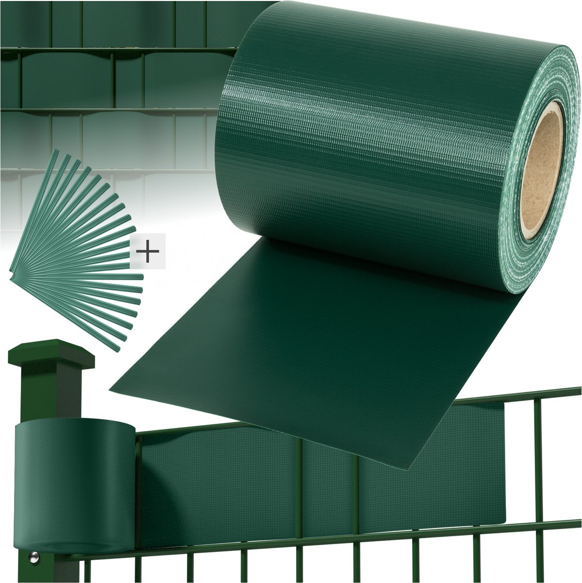 tectake® Tuinscherm - 70 meter Vlechtwand - 19 cm hoog - Balkonscherm - Privacyscherm - 450 g/m² Weerbestendig PVC - Dubbelzijdig Bedrukt - Folie voor Hekwerk en Tuin - Zichtdoek - Zichtbreeknet - Inclusief 30 Bevestigingsclips - Groen