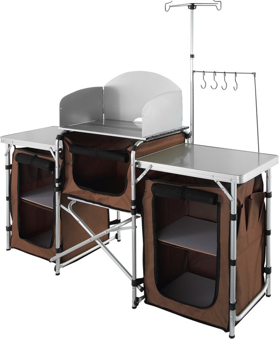 Camping Keukentafel, Opvouwbaar Outdoor Kookstation met Opbergtas, Aluminium Tafel met 3 Kastjes En Verwijderbaar Windscherm, Snel Op Te Zetten voor Picknicks, Barbecues, Bruin — afbeelding 2