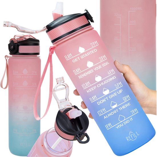 Motivatie Waterfles Blauw/Roze - 1 Liter Drinkfles - Waterfles met tijdmarkering - BPA Vrij - Volwassenen - Drinkfles Kinderen - Met Box-On Hydration Challenge