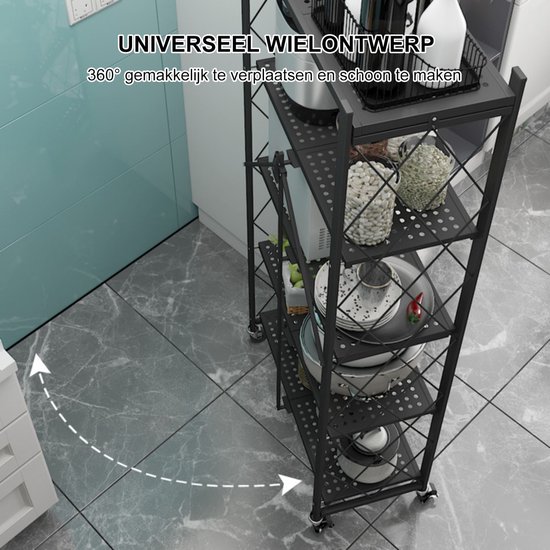 Étagère pliante FOXSPORT - Lot de 2 - Étagère avec roulettes 360 ° - 5 niveaux 72 x 37 x 163 cm - Étagère ouverte - Meuble mural - Rangement de Cuisine - Bibliothèque - Support de rangement pour micro-ondes - Acier inoxydable - Set de 2