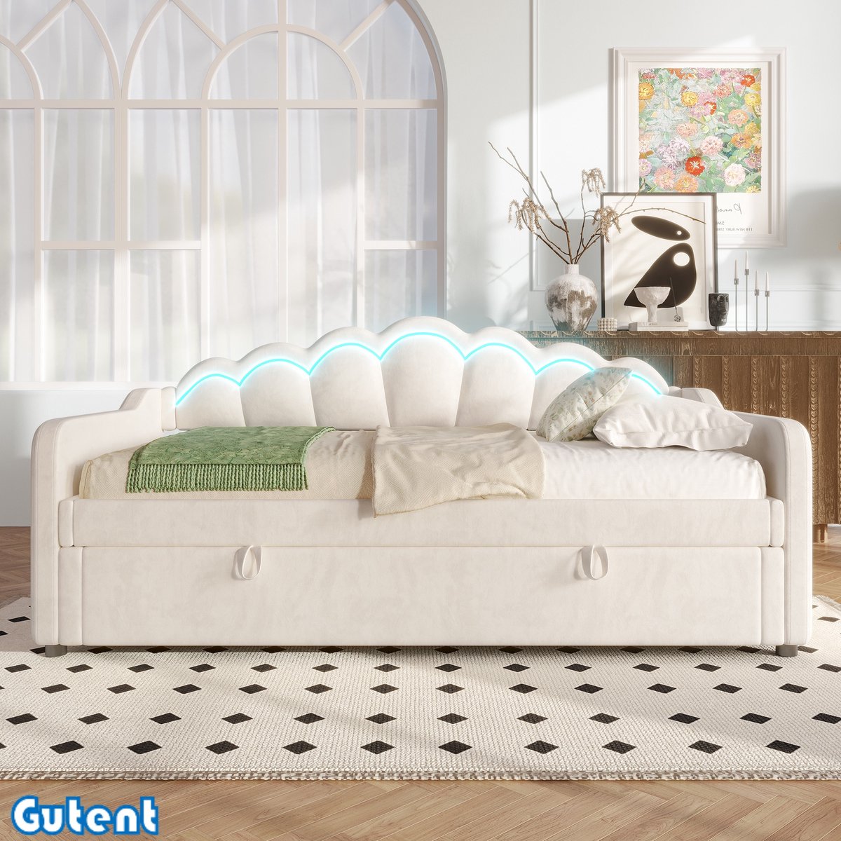 Gutent Slaapbank - Hydraulisch bed - met opbergruimte (zonder matras) - Fluweel - Kleur veranderende LED strip - 90x200 cm - Beige Roze