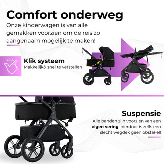 Zwarte kinderwagen met kliksysteem, verstelbaar en vering voor comfort.