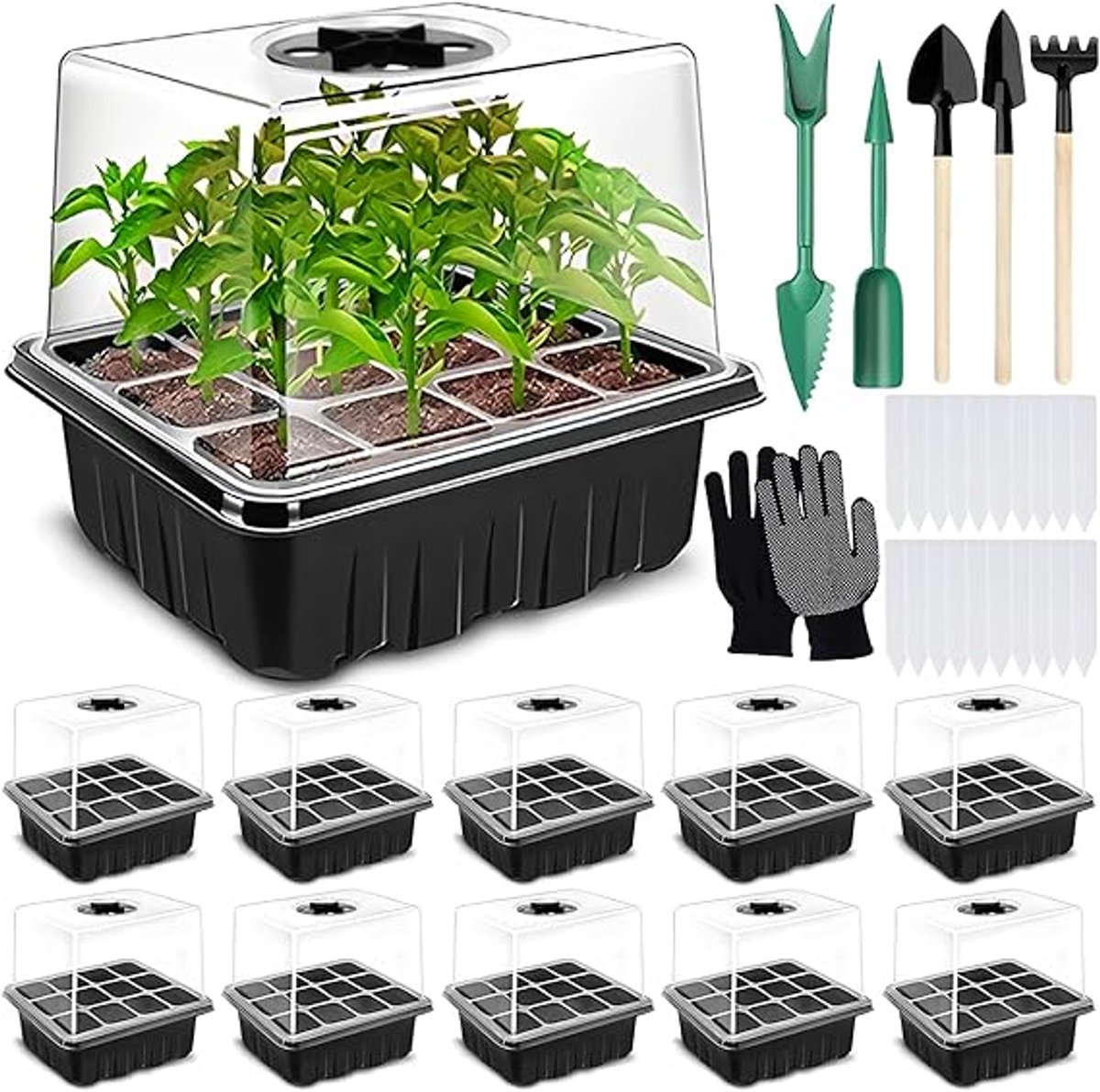 Famanu kweekdoos voor binnenkas, kweekbak voor minikas met hoog deksel, 10 stuks 120 cellen mini kweekset voor kas met 20 labels, 3 schoppen, 2 tuingereedschap, 1 paar handschoenen