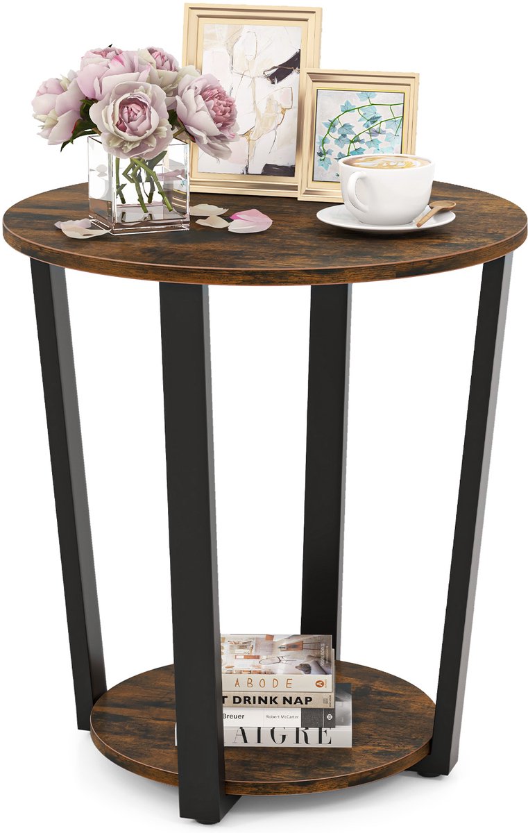 Costway Ronde bijzettafel, salontafel met metalen frame, salontafel met 2 planken, industrieel nachtkastje voor woonkamer, slaapkamer, kleine ruimtes (vintage bruin) Vintagebruin