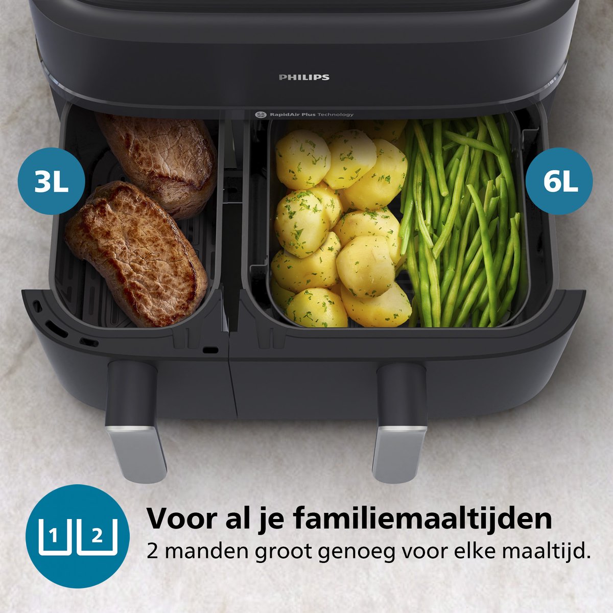 Philips 5000 Series Dual Basket Airfryer - NA551/00 - Stoomfunctie - Dubbele Mand - 9L - Tot 6 Personen – foto 8