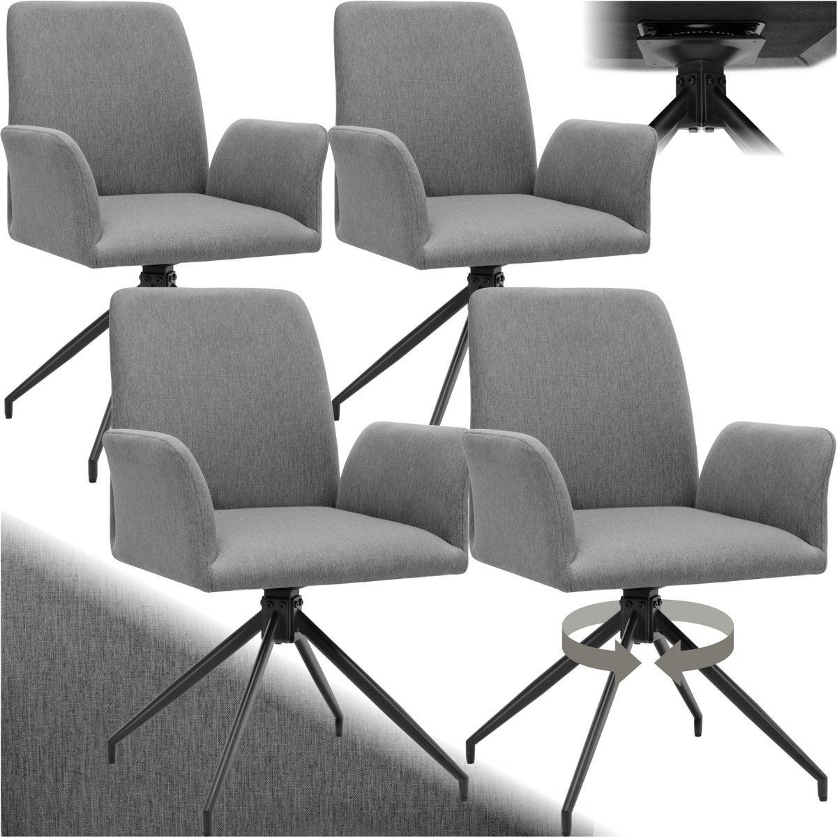 Tectake Draaistoel Daya - Set van 4 Draaifauteuils met Armleuning - 360° Draaibare Eetkamerstoel - Draaibare Fauteuils - Gestoffeerd - Draagkracht 150kg - Antraciet