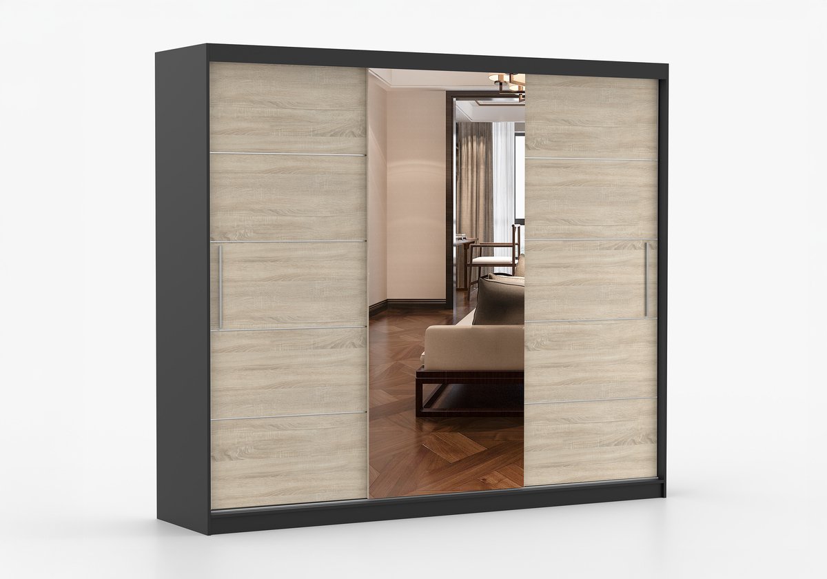 AJE Meubles B.V. Schuifdeurkast ELBA I met Spiegel – 3-deurs kledingkast, legplanken en kledingroede – modern design – 250x218x61 cm - ELBA I (Zwart + Sonoma)