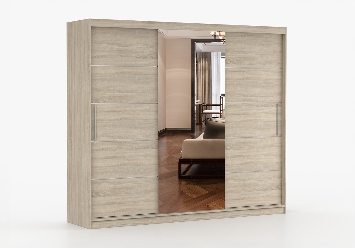 AJE Meubles B.V. Schuifdeurkast ELBA I met Spiegel – 3-deurs kledingkast, legplanken en kledingroede – modern design – 250x218x61 cm - ELBA I (Sonoma)