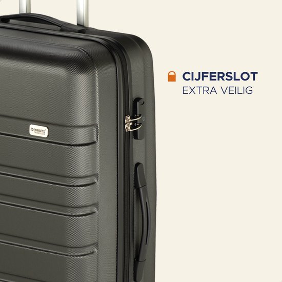 Close-up van een antracietkleurige koffer met een cijferslot en handvat.