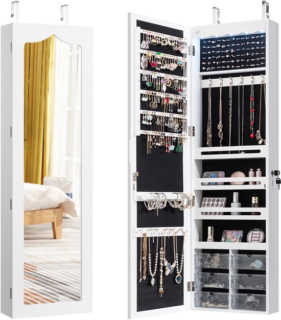 COSTWAY Armoire à bijoux suspendue, armoire simple avec éclairage LED, miroir et 6 tiroirs, armoire suspendue pour montage sur porte et mur, armoire à bijoux pour ranger bijoux et cosmétiques, blanc