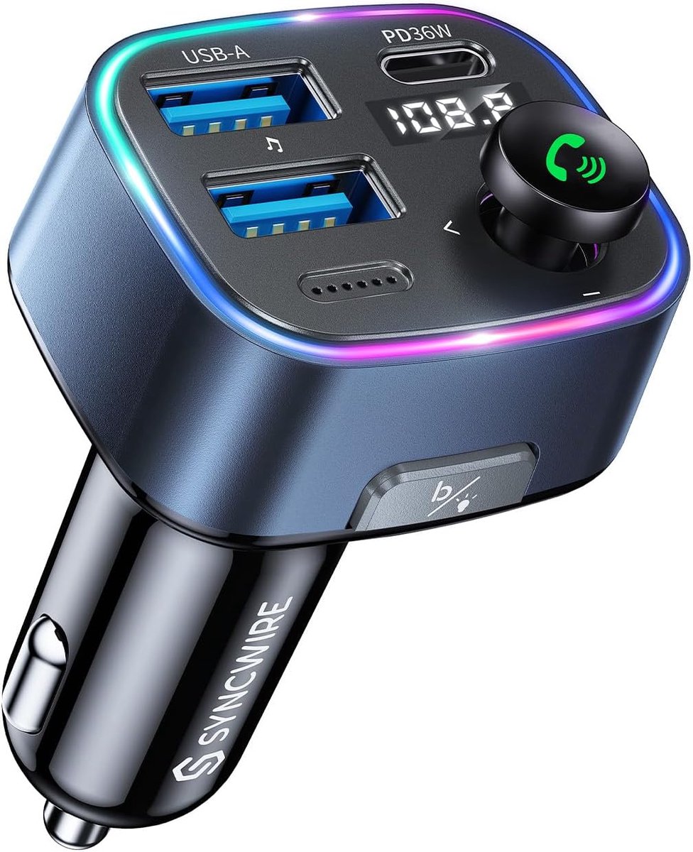 Bluetooth 5.3 FM-zender voor in de Auto met Dubbele USB-autolader en Handsfree Bellen