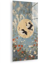 MuchoWow® Peinture sur verre 60x120 cm - Peinture sur verre acrylique - Grues - Lune - Fleurs - Blauw - Photo sur verre - Décoration murale salon - Décoration murale chambre - Peintures