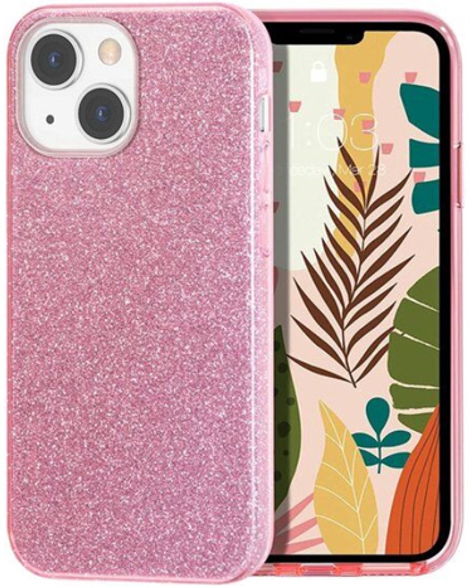 Telefoonhoesje Geschikt voor iPhone 14 - Glitter Back Cover - Roze - Achterkantje