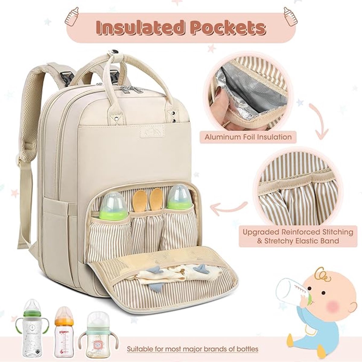 Famanu - Luierrugzak voor baby's, grote luiertas, babytas, rugzak met kinderwagenriemen en luieronderlegger, voor onderweg, Beige – foto 4