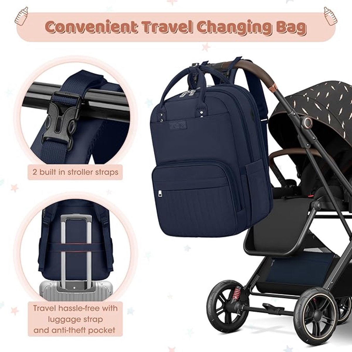Famanu - Luierrugzak voor baby's, grote luiertas, babytas, rugzak met kinderwagenriemen en luieronderlegger, voor onderweg, blauw – foto 5