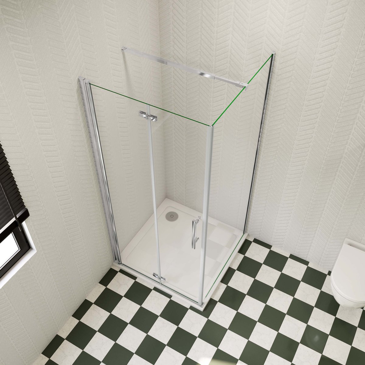 B:76xD:90xH:195 cm Douchecabine, draaideur + zijpanelen,6mm NANO EasyClean veiligheidsglas,45 cm Stabilisatiestang (inkortbaar), profiel van glanzend chroom.