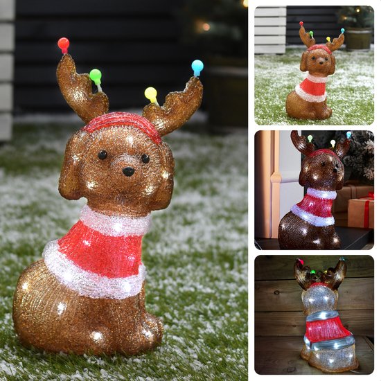 Cheqo® Figurine de Noël Lumineuse - Statue de Jardin Chien - Décoration de Noël Chien Acryl - Siècle des Lumières LED - 35 cm - Intérieur/Extérieur