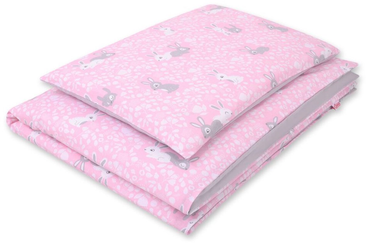Baby katoenen beddengoedset 2-delig 135x100 cm - roze konijnen/grijs
