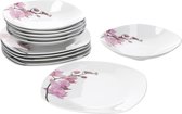 Bol.com Diner servies 12-delig Kyoto Orchid licht hoekig porselein voor 6 personen wit met decoratie aanbieding