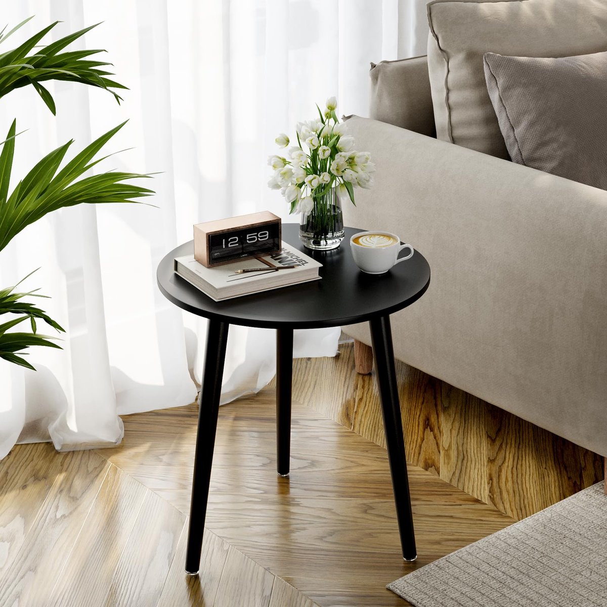 Unyqoos Elegante Ronde Bijzettafel in Scandinavische Stijl voor Woon- en Slaapkamer, Ø 42 cm, Zwart