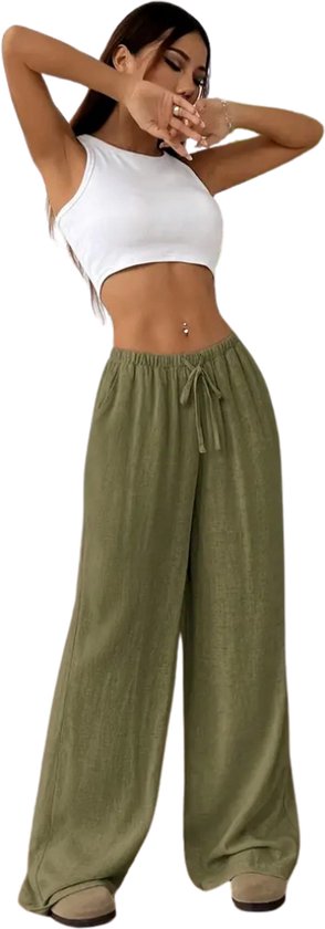 Nivard Linnen Broek Dames - Zomerbroek - Volwassenen - Lange Broek - Pantalon - Strandbroek - Zomer - Ibiza Stijl - Olijf - Maat S