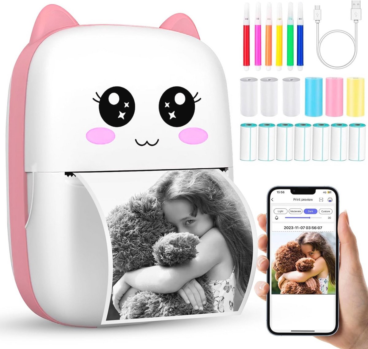 Draagbare mini thermische fotoprinter - Draadloze Bluetooth printer met 13 rollen thermisch papier en kleurpennen