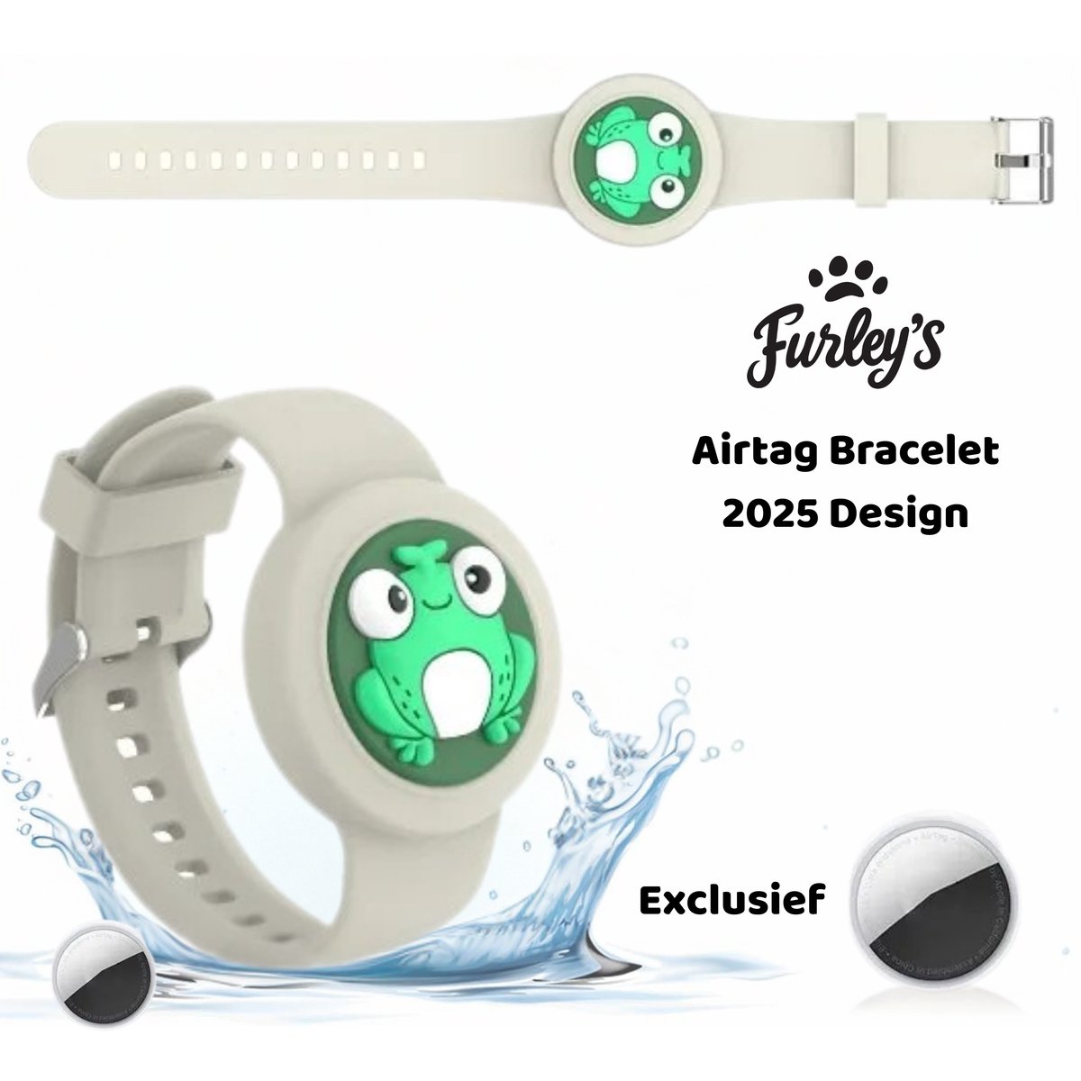 Waterdichte AirTag Armband voor Kinderen - Geschikt voor Apple AirTag - Airtag-sleutelhanger - Airtag Houder - Verstelbare Siliconen Tracker Houder - 2025 Design - Veilig Comfortabel - Grijze Kikker
