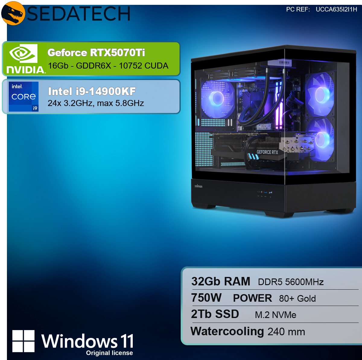 Sedatech Pro Gaming PC Waterkoeling Full Vision • Intel i9-14900KF 24x 3.2GHz • Geforce RTX5070Ti • 32Gb DDR5 • 2Tb SSD M.2 • WiFi • Bluetooth, USB C • Windows 11 • Desktop computer — afbeelding 3
