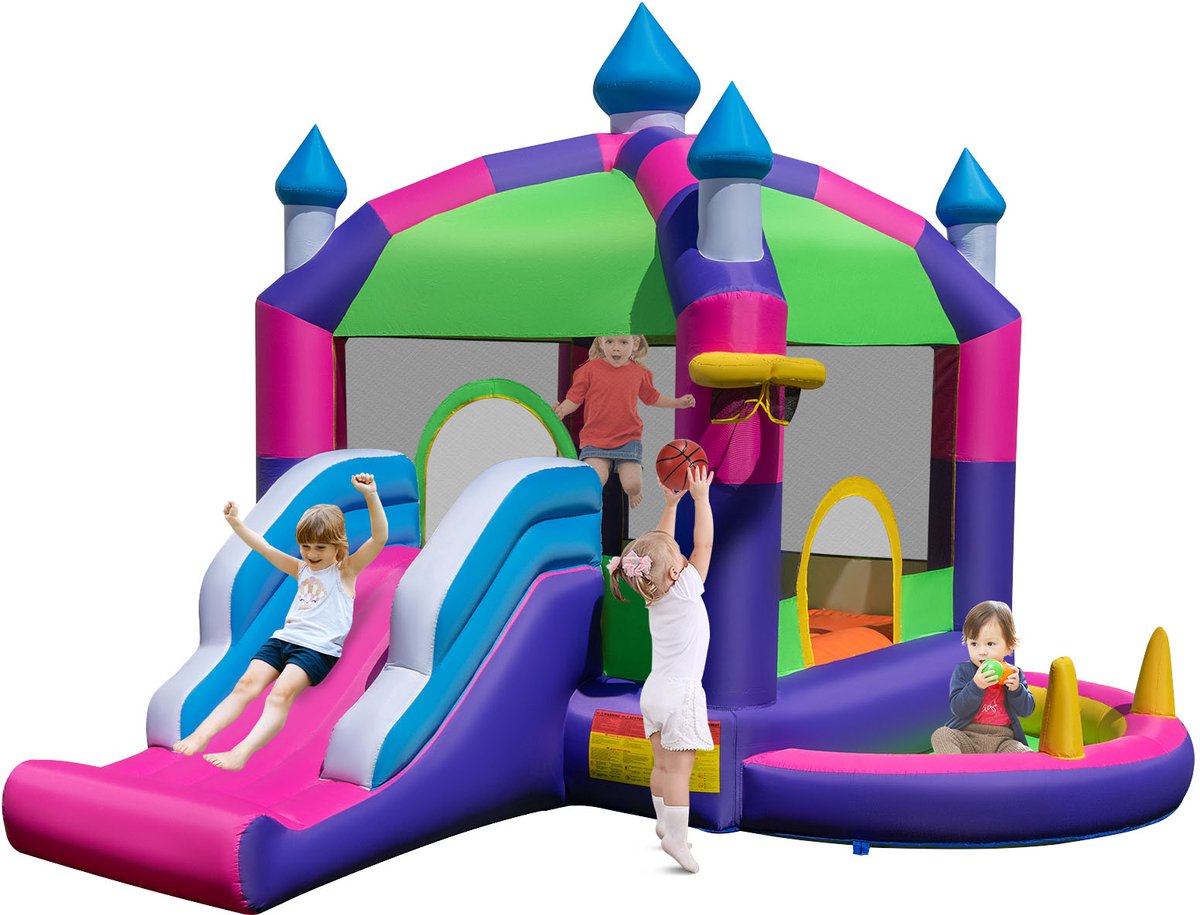 COSTWAY Springkasteel met zonnedak, glijbaan, springgebied, basketbalmand, oceaanballen & ringwerpspel, Bouncy Castle voor kinderen, 385 x 332,5 x 300 cm