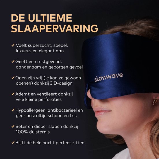 Slowwave Premium Silk Sleep Mask - 3D Edition - Geen druk op de ogen dankzij innovatief 3D design - Ultrazacht en 100% verduisterend - Echt moerbeizijde - Kleur: Navy (donkerblauw)