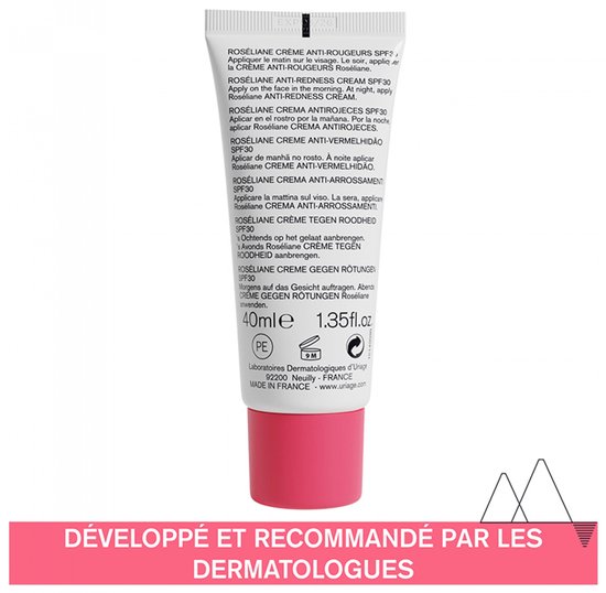 Uriage Roseliane anti-roodheid crème SPF 30. Aanbrengen op gezicht 's ochtends en 's avonds.