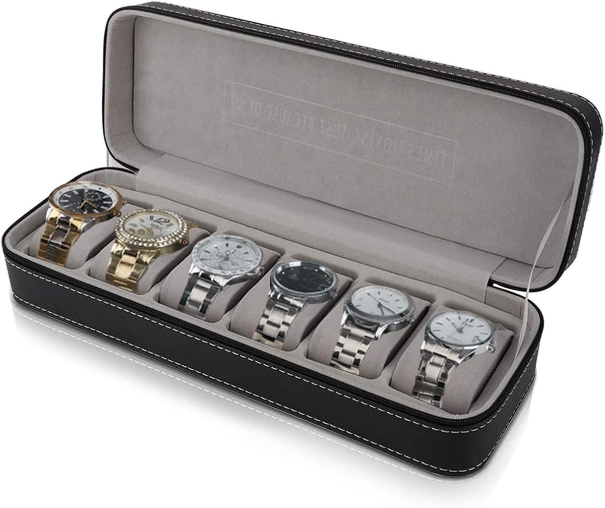 6-slot PU leren horlogedoos met gescheiden compartimenten voor horloge-armband-ketting