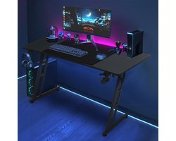 160 x 60 cm, Gamingtafel, stabiele computertafel, pc-tafel, zwart, met bekerhouder en koolstofvezelcoating, 2 openingen voor kabel, gamertafel, gamingtafel, bureau, zonder led