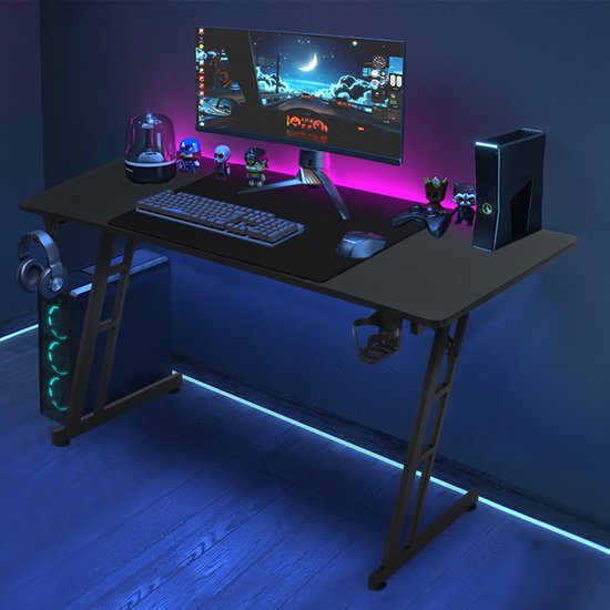 160 x 60 cm, Gamingtafel, stabiele computertafel, pc-tafel, zwart, met bekerhouder en koolstofvezelcoating, 2 openingen voor kabel, gamertafel, gamingtafel, bureau, zonder led