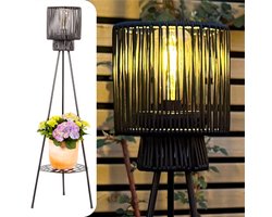 Gadgy Solar Tuinverlichting Staande Lamp Terras – Buitenlamp Zonne Energie Balkon & Tuin – Driepoot Tuinlamp Led Buiten met USB-aansluiting – Lantaarn voor Buiten Verlichting – Zwart Rattan