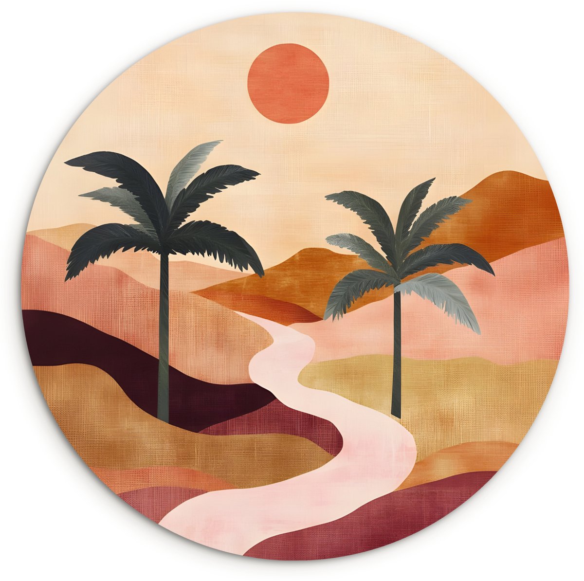 WallCircle Wandcirkel 120x120 cm - Muurcirkel Heuvels - Palmbomen - Abstract - Muurdecoratie woonkamer - Wanddecoratie slaapkamer - Kamer decoratie accessoires - Ronde schilderijen palmbomen - heuvels - zon
