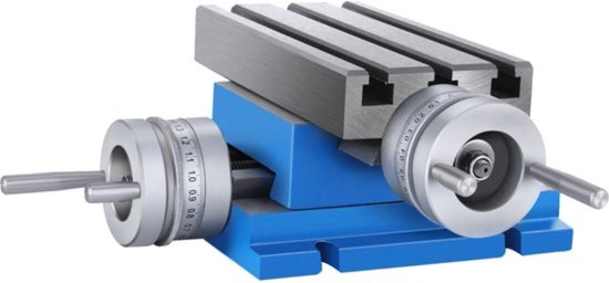 Blauwe verstelbare werktafel met metalen bovenblad, zilveren draaiknoppen met schaalverdeling.
