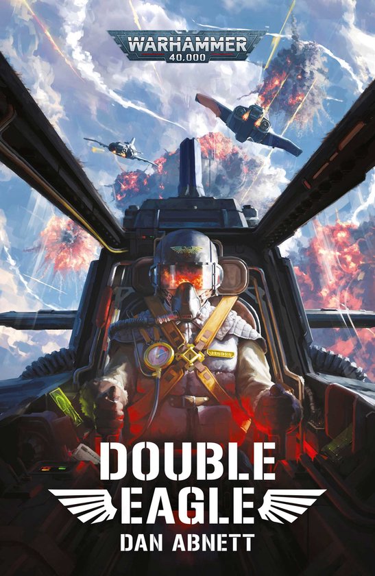 Warhammer 40,000 : Double Eagle. Un pilote en combinaison de combat est assis dans un cockpit, avec des avions de chasse dans le ciel.