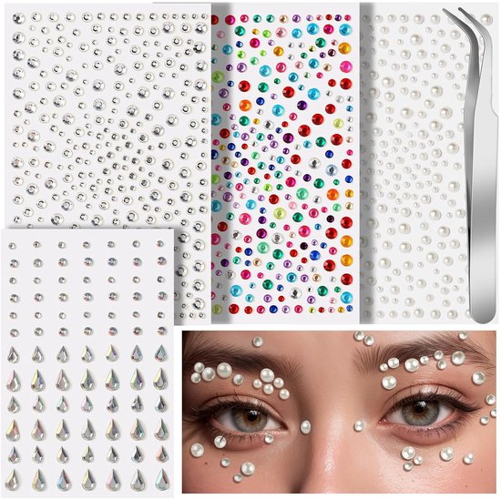 Vellen met zelfklevende strass, gekleurde strass, parels en waterdruppels. Inclusief pincet. Close-up van ogen met parelversieringen.