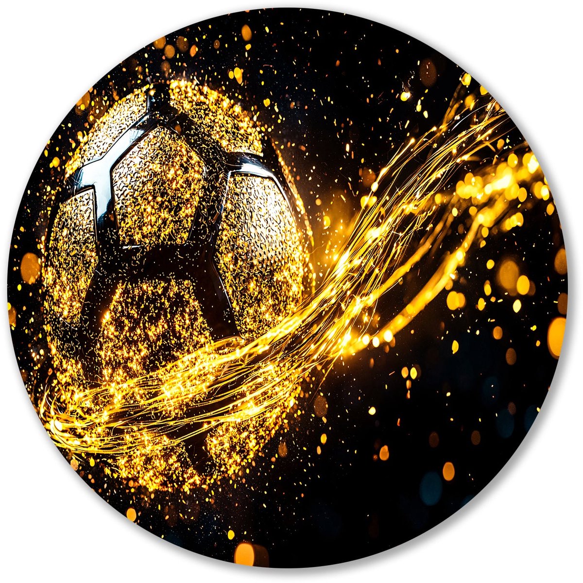 Gouden Voetbal in Beweging - Bal muurdecoratie rond - Rond wandpaneel voetbal - Futuristisch - Dibond schilderij - Landelijke muurdecoratie - muurcirkel aluminium 50x50 cm