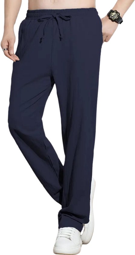 Linnen broek voor heren, zomer, casual strandbroek, licht, met trekkoord, Beige, XXL