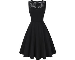 Elegante kanten jurk voor dames, cocktailjurk, bruidsmeisjesjurken voor bruiloften, avondjurken, ronde hals, knielange rockabillyjurk Zwart L