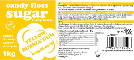 GSG24 Serie - Gele Katoensuiker - Bubblegum Smaak - 1kg — afbeelding 2