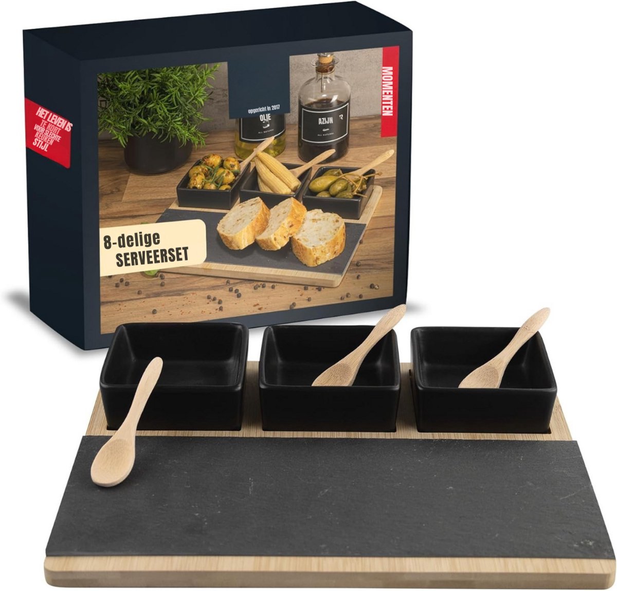 GTB® Tapasplank met Schaaltjes - Tapasplank - Serveerplank met Bakjes - Lichtbruin en Zwart - 28cm x 28cm x 4 cm