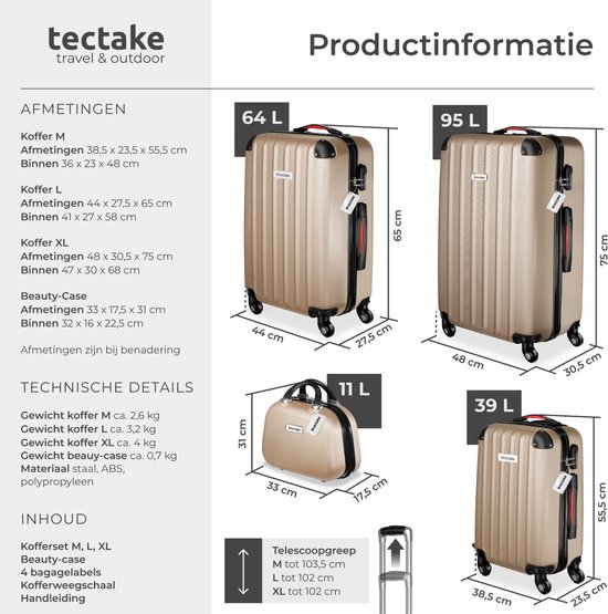 tectake®- Set de valises valises de voyage trolley beauty case bagage à main Cleo - 4 pièces avec pèse-bagages - champagne