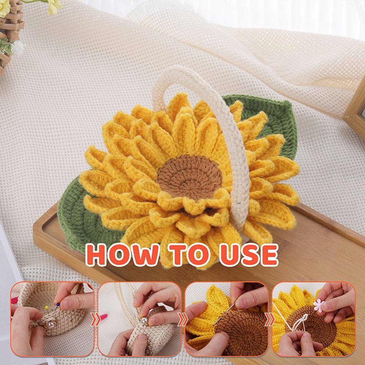 All-in-One Haakpakket Zonnebloem Onderzetters – DIY gehaakte bloemen onderzetters – Compleet met garen, haaknaald & patroon — afbeelding 5
