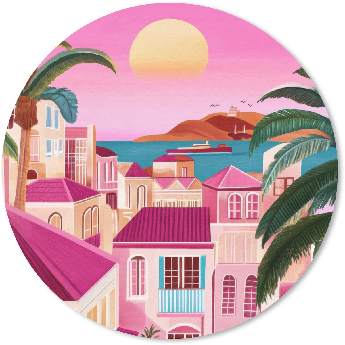 Muismat rond 30x30 cm - Mousepad Stad - Roze - Palmbomen - Ronde muismatten