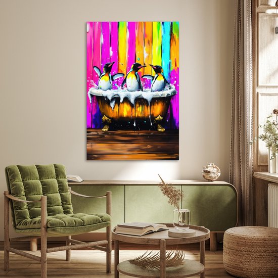 Poster 80x120 cm - Pinguïns - Badkuip - Kleurrijk - Schuim - Posters - Kamer decoratie - Wanddecoratie woonkamer - Muurdecoratie slaapkamer